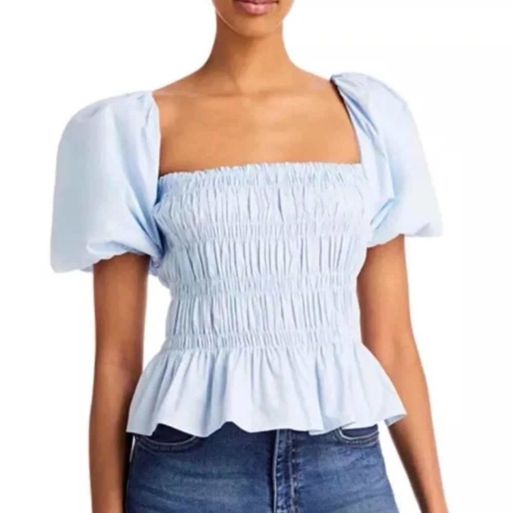 Astr Sky Blue Smocked Blouse with Puff Sleeves